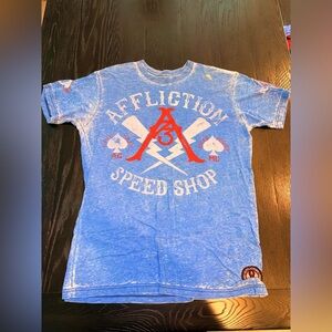 Affliction Distressed Blue Tee with Red Graphics